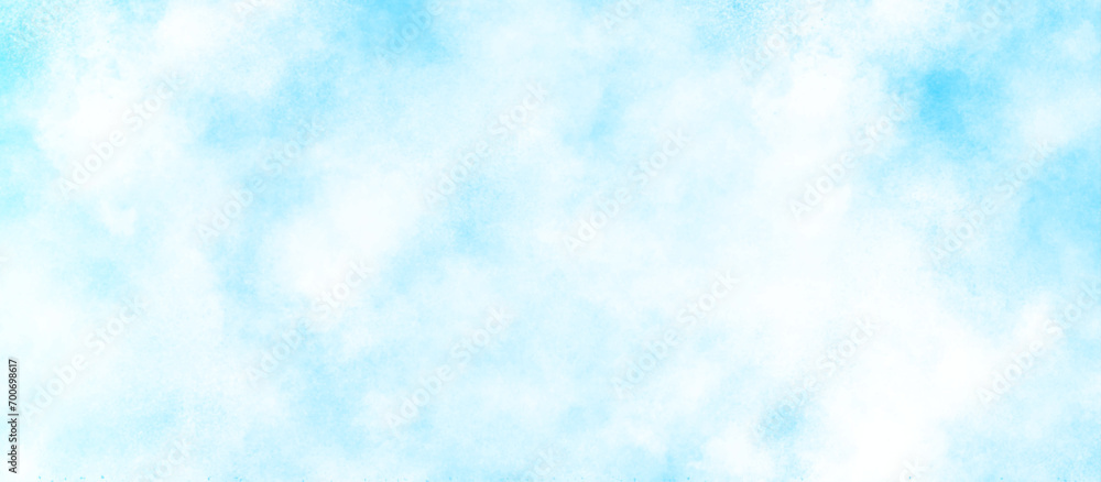Watercolor Shades The White Cloud and Blue Sky with small clouds, brush painted watercolor art background with white clouds, Abstract cloudy hand paint splash stain backdrop banner.