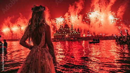feux d'artifice au bord de l'eau le soir pour célébrer un évènement festif photo