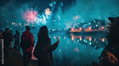 feux d'artifice au bord de l'eau le soir pour célébrer un évènement festif photo