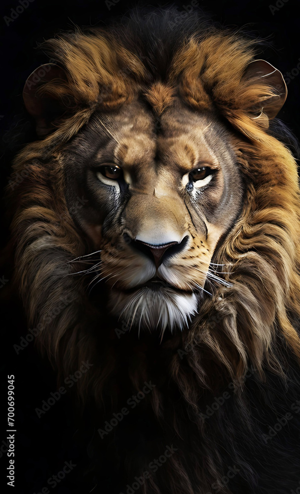 Intimidating dark yellow lion face filling entire black background