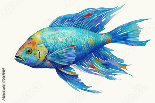 large fish with vibrant blue tail and fins floats gracefully in ocean depths. Generative AI