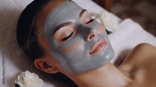 The procedure for applying a mask from clay to the face of a beautiful woman. Spa treatments and care of the face in the beauty salon