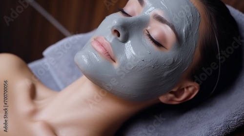 The procedure for applying a mask from clay to the face of a beautiful woman. Spa treatments and care of the face in the beauty salon
