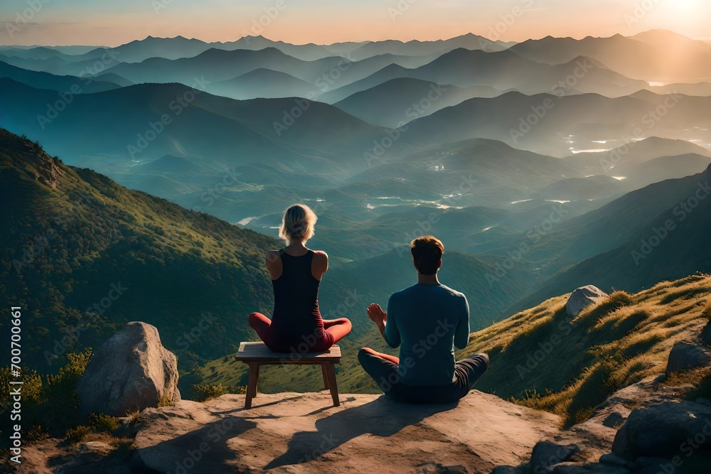 A person practicing yoga and meditation on a serene mountaintop at sunrise.