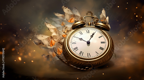 old pocket watch with butterflies around it is shown, with glowing particles and a mystical atmosphere, suggesting time and transformation