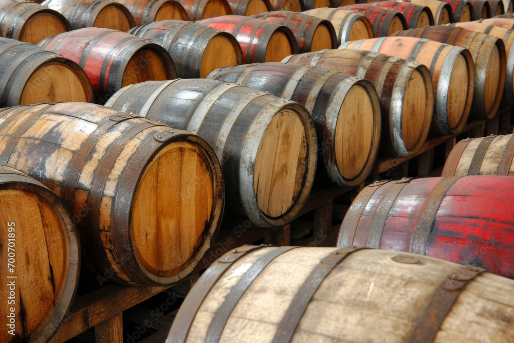 Collection of wooden barrels, used for aging alcoholic beverages like wine or whiskey