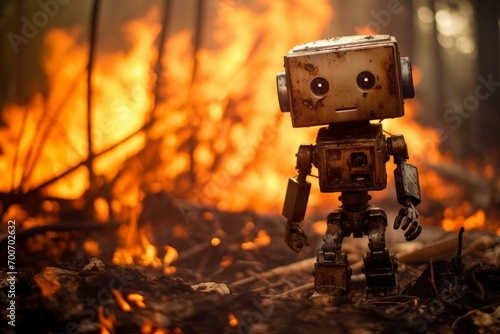 Robot among flames in woodland. Generative AI