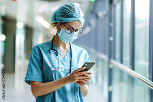Nurse using her mobile phone while taking a break in hospital photo