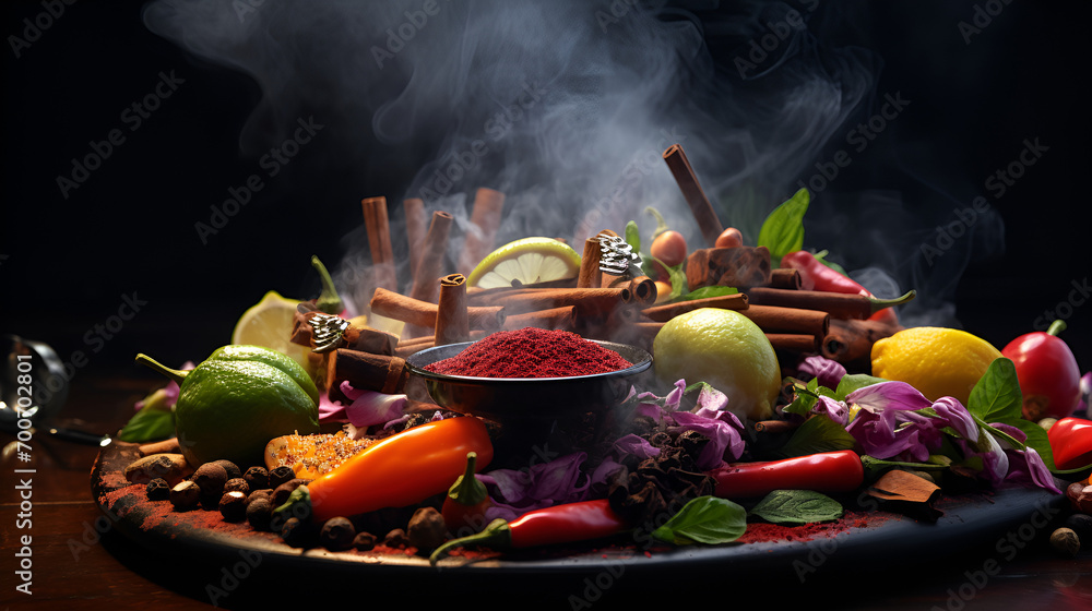 Spicy seafood paella on a black background with smoke and sauce, food getting wasted , AI Generated - obrazy, fototapety, plakaty 