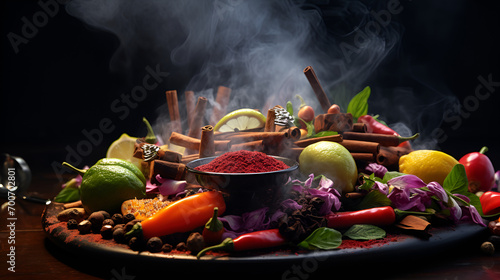 Spicy seafood paella on a black background with smoke and sauce, food getting wasted , AI Generated photo