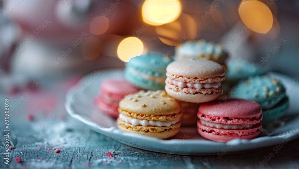 Assorted Macarons on Rustic Wooden Table.
Colorful macarons on rustic wood, soft bokeh light ambiance.