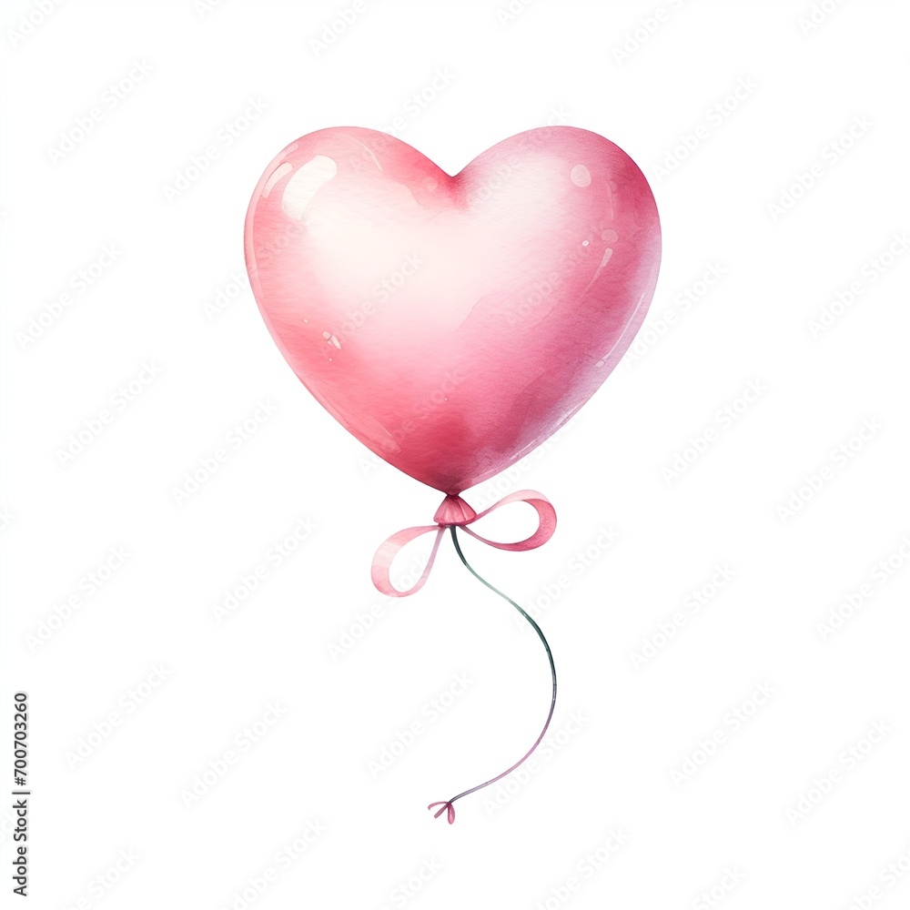 Pink heart balloon love symbol watercolor paint for valentine's day holiday card decor