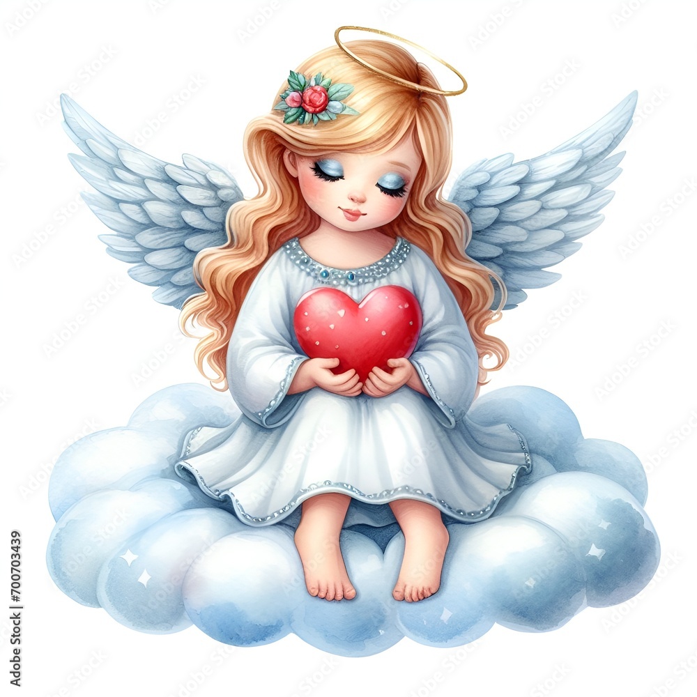watercolor angel with red heart on white cloud for valentine's day card decor on white background watercolor angel with red heart on white cloud for valentine's day card decor on white background
