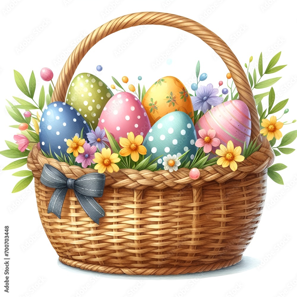 Easter holiday basket with colorful eggs and plant herbs with flowers and leaves watercolor paint