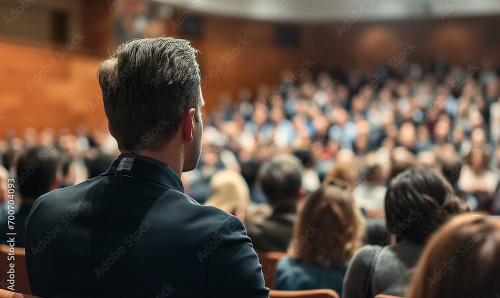 Rear view of people in audience at the conference hall, Speaker giving a talk in conference hall at business event Rear view of people in audience at the conference hall, Speaker giving a talk in conference hall at business event
