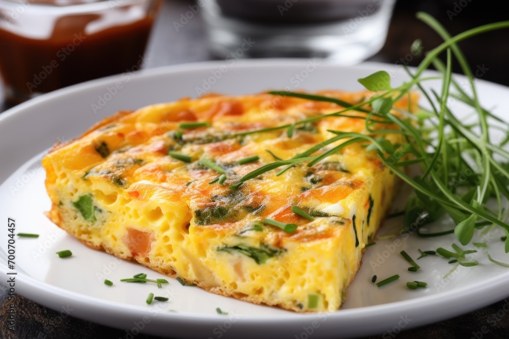 close up piece of frittata with vegetables and herbs on a white plate.omelet.breakfast close up piece of frittata with vegetables and herbs on a white plate.omelet.breakfast