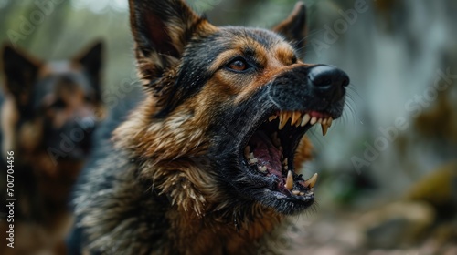 German shepherd dog with open mouth on blurred background  close-up. Animal rabies.