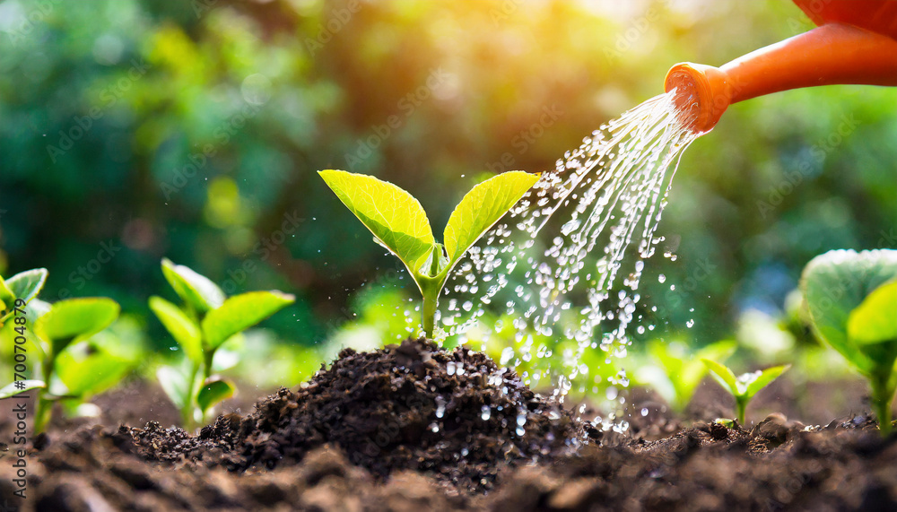 Watering young plant in soil with watering can on green nature background - obrazy, fototapety, plakaty 