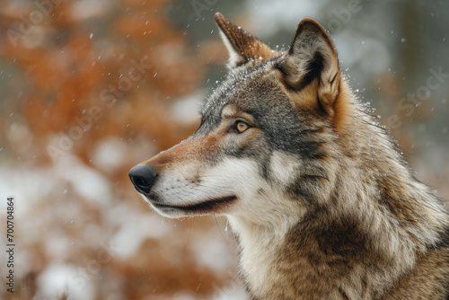 Close up of a wolf’s profile in a snowy setting, grey, brown, and white fur, snowflakes, looking to left side © Florian