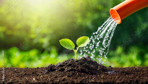 Watering young plant in soil with watering can on green nature background