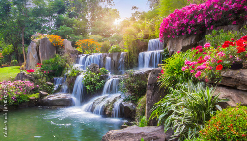 Waterfall in the garden with sunlight, beautiful nature landscape background. © Mariusz Blach