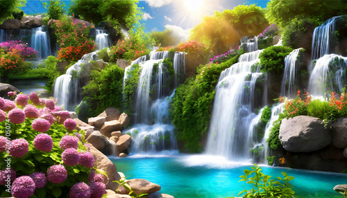 Waterfall in the garden with sunlight, beautiful nature landscape background.