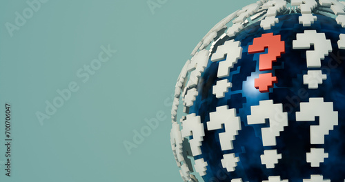 One Red Crucial Question Among Many Right White Ones Question Mark on a Sphere 3D Render.