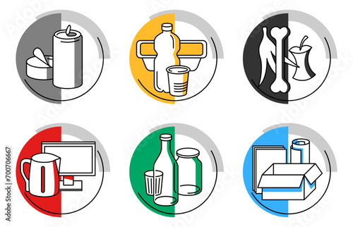 Waste sorting creative stickers set in thin line