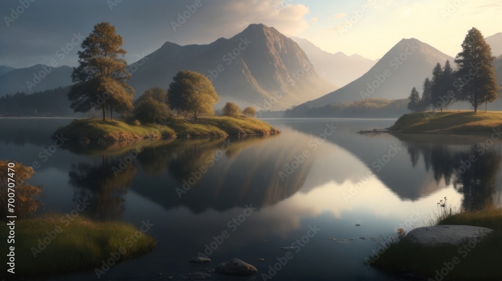 A calm landscape of nature, lakes and reflection in the water.