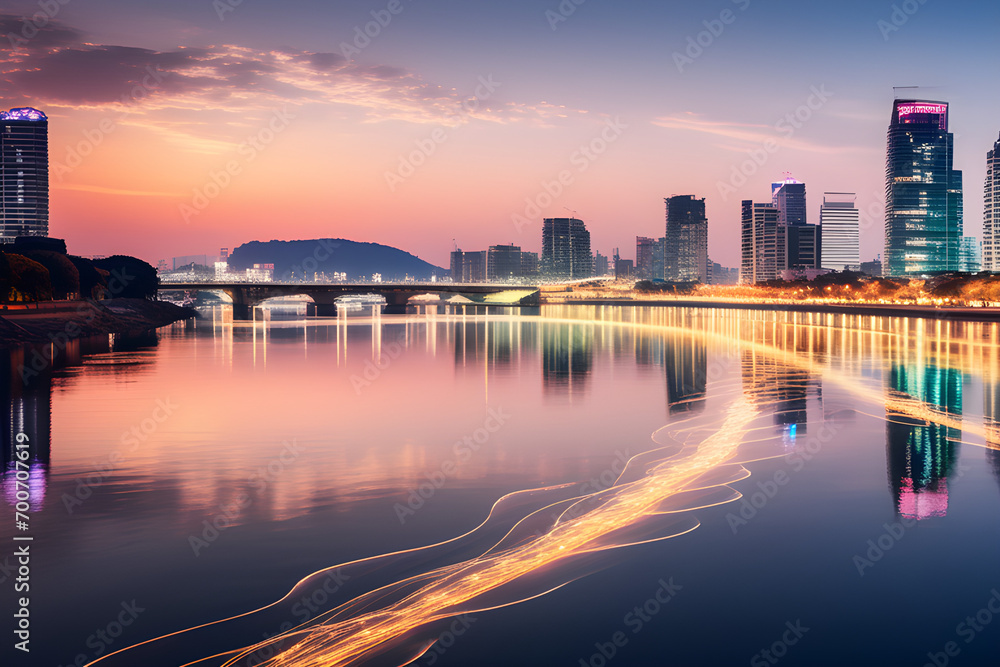 The lights reflected in the tranquil flow of the Han River beautifully illuminate the city streets. Generative AI.