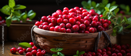 Rustic still-life of cranberries in a basket on a wooden table.