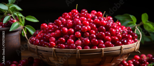 Rustic still-life of cranberries in a basket on a wooden table.