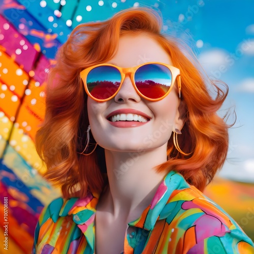 Happy Fair-Haired Russian girl in Sunglasses Embracing the Colorful Psychedelic Aesthetics of the 1970s in a Captivating Portrait