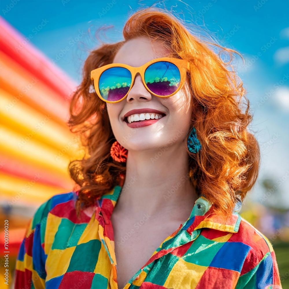 Happy Fair-Haired Russian girl in Sunglasses Embracing the Colorful Psychedelic Aesthetics of the 1970s in a Captivating Portrait