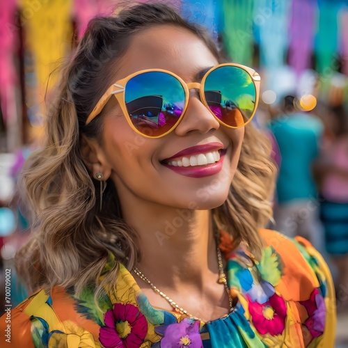 Happy Fair-Haired Woman in Sunglasses Embracing the Colorful Psychedelic Aesthetics of the 1970s in a Captivating Portrait