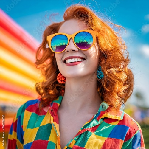Happy Fair-Haired Russian girl in Sunglasses Embracing the Colorful Psychedelic Aesthetics of the 1970s in a Captivating Portrait