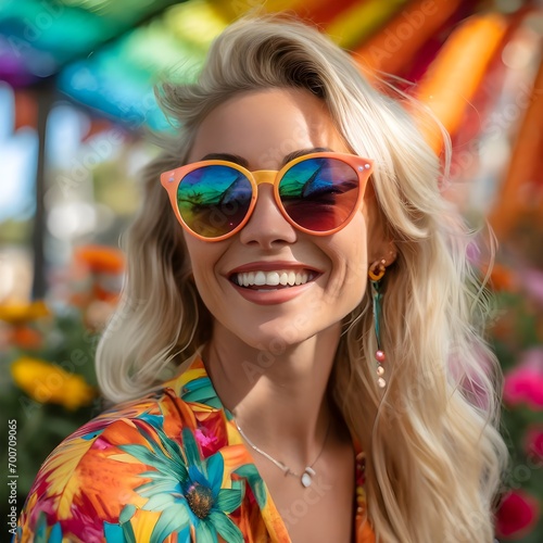 Happy Fair-Haired Woman in Sunglasses Embracing the Colorful Psychedelic Aesthetics of the 1970s in a Captivating Portrait