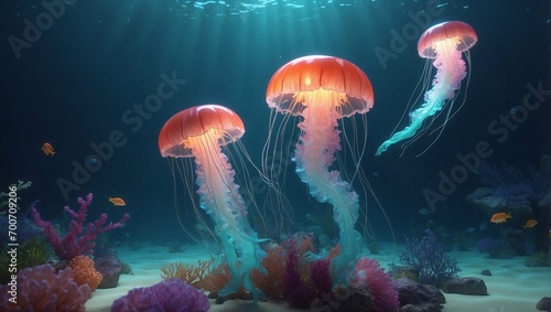 Wide angle shot of beautiful luminous jellyfish floating in the mysterious sea. Breathtaking underwater scene.
