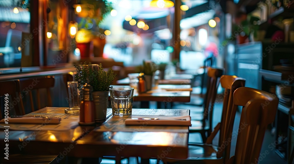 Tables and chairs of a Parisian street cafe in the evening - obrazy, fototapety, plakaty 