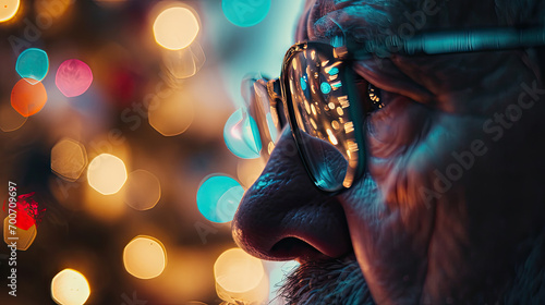 The lights are reflected in a man's glasses. Generative AI