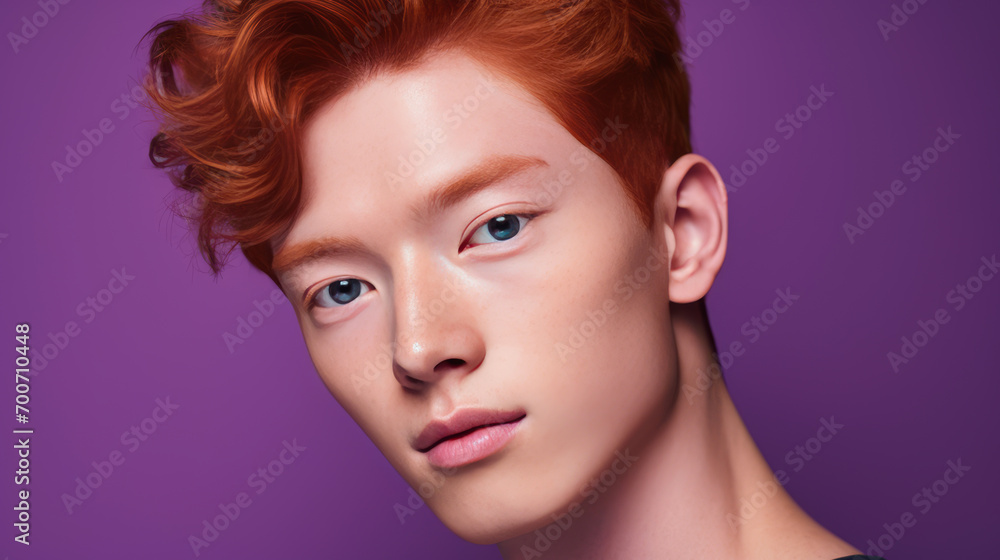 Fototapeta premium Elegant handsome young male Asian guy with short red hair, on purple background, banner, copy space, portrait.