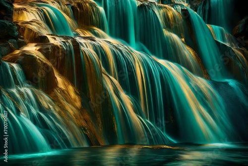 Iridescent teal and liquid gold cascading in a mesmerizing waterfall of beauty.