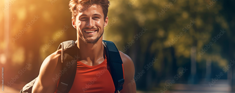 A radiant young man with stubble,wearing a red sleeveless top and carrying a black backpack,strides confidently through a city park at golden hour against a backdrop of greenery.Wide banner.Copy space