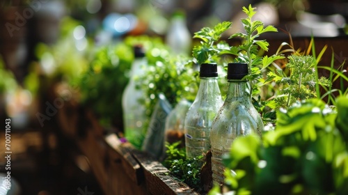 Green plants in reused plastic bottles