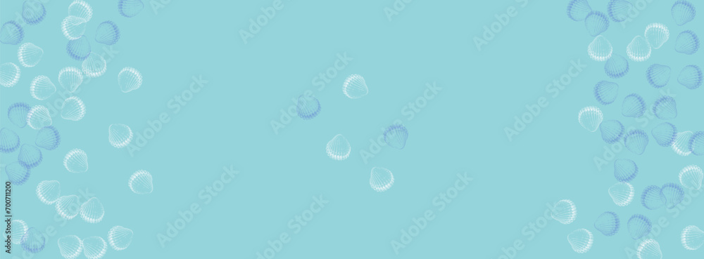 White Scallop Background Blue Vector. Shellfish Creature Wallpaper. Aquatic Graphic. Ultramarine Starfish Nautical Design.