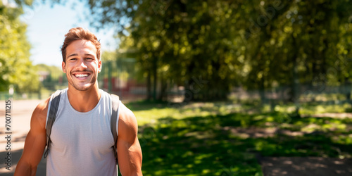 Young positive student smiling man with curly hair and in a sports jersey carrying a backpack, smiling warmly in a sun-drenched park. Active lifestyle. Fitness training. Banner. Copy space