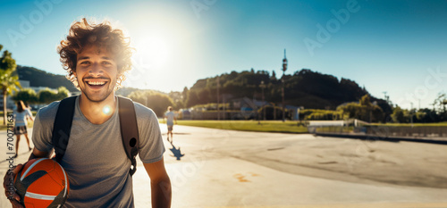 Funny young man with curly hair, bright smile, wearing gray shirt holds basketball while wearing backpack, radiates joy on sun-drenched outdoor basketball court. Sports and fitness. Banner. Copy space photo