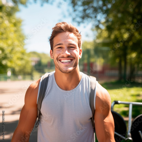 Young positive student smiling man with curly hair and in a sports jersey carrying a backpack, smiling warmly in a sun-drenched park. Active lifestyle. Fitness training
