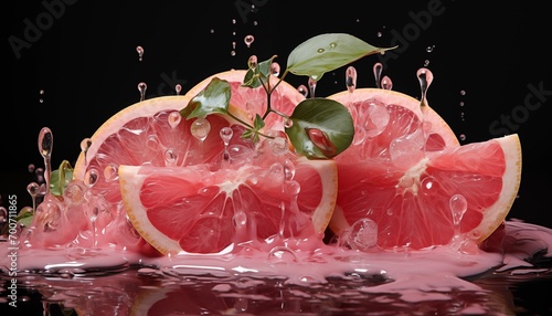 bright juicy pink grapefruit slices and cut in half with drops of water and juice on a black background splashes of flavor