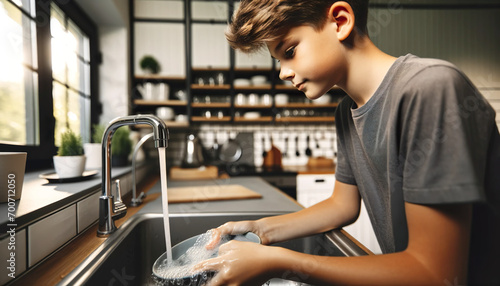Young Caucasian boy washing the dishes in the kitchen at home. Children who do have a set of chores have higher self-esteem, are more responsible, and are better able to deal with frustration.